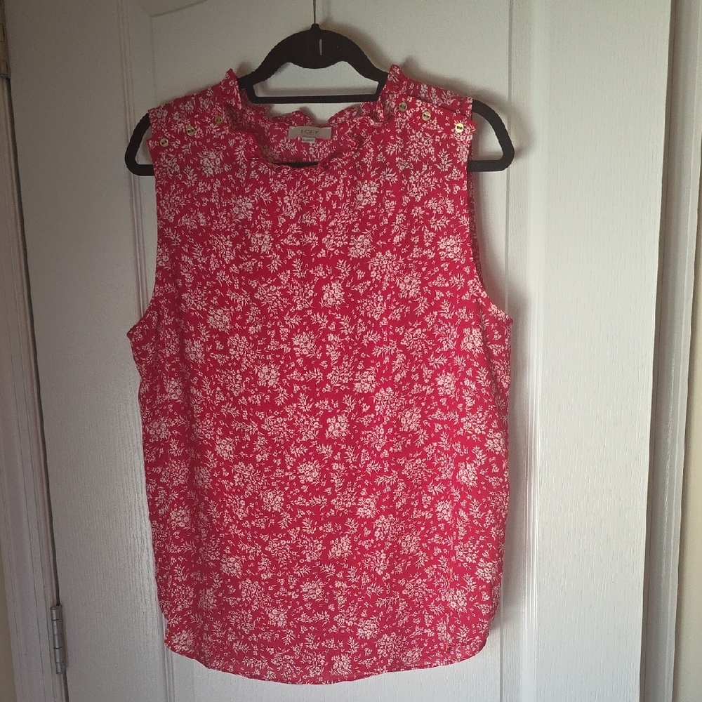 LOFT Outlet Fuschia & White Sleeveless Mandarin Collar Blouse With Button Detail